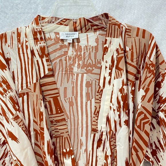 J. Brooks Boutique Robe Kimono Full Length Rust & Cream Tie Belt Split Sides - Picture 3 of 14